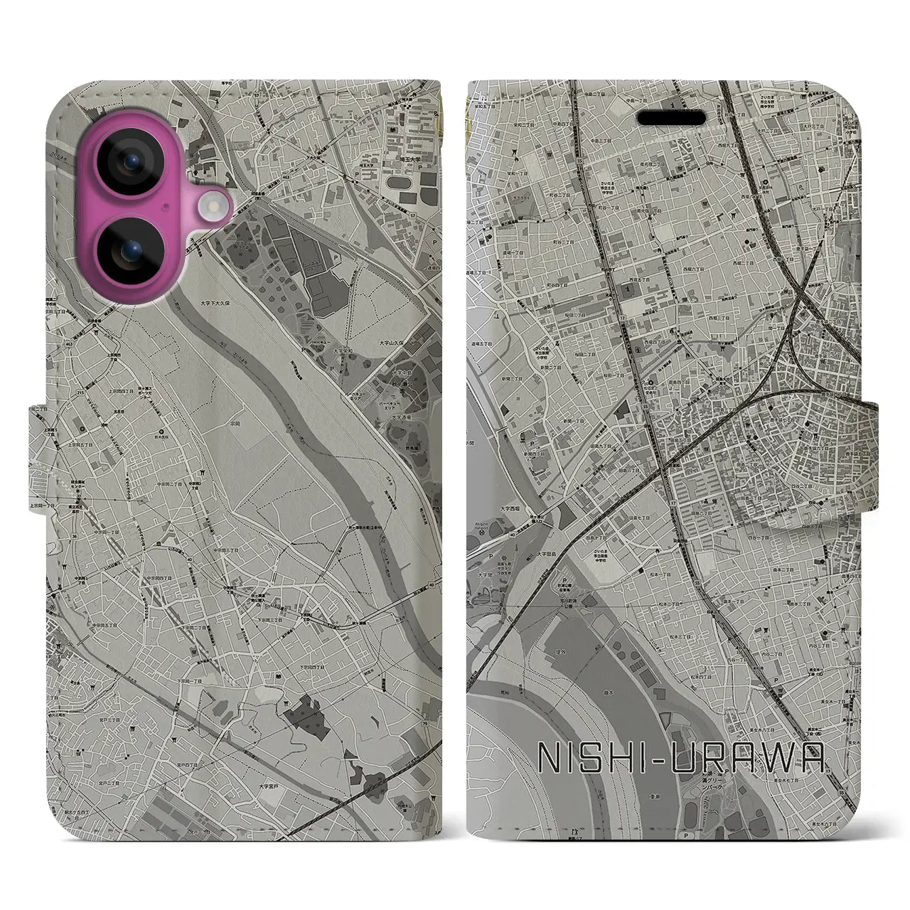 【西浦和(埼玉県)】地図柄iPhoneケース(手帳タイプ)モノトーン・iPhone 16 Pro 用