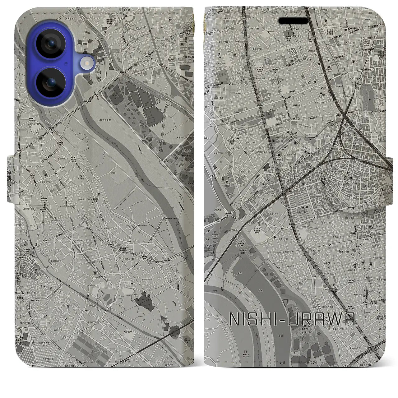 【西浦和(埼玉県)】地図柄iPhoneケース(手帳タイプ)モノトーン・iPhone 16 Pro Max 用