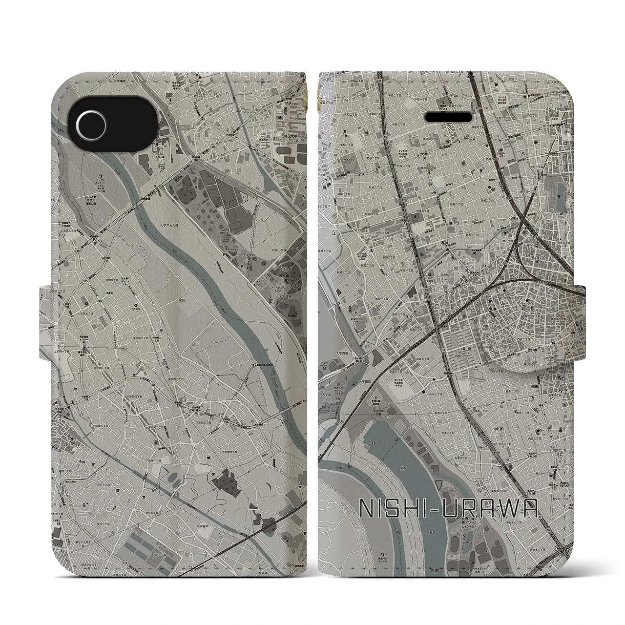 【西浦和(埼玉県)】地図柄iPhoneケース(手帳タイプ)モノトーン・iPhone SE(第3 / 第2世代) / 8 / 7 / 6s / 6 用