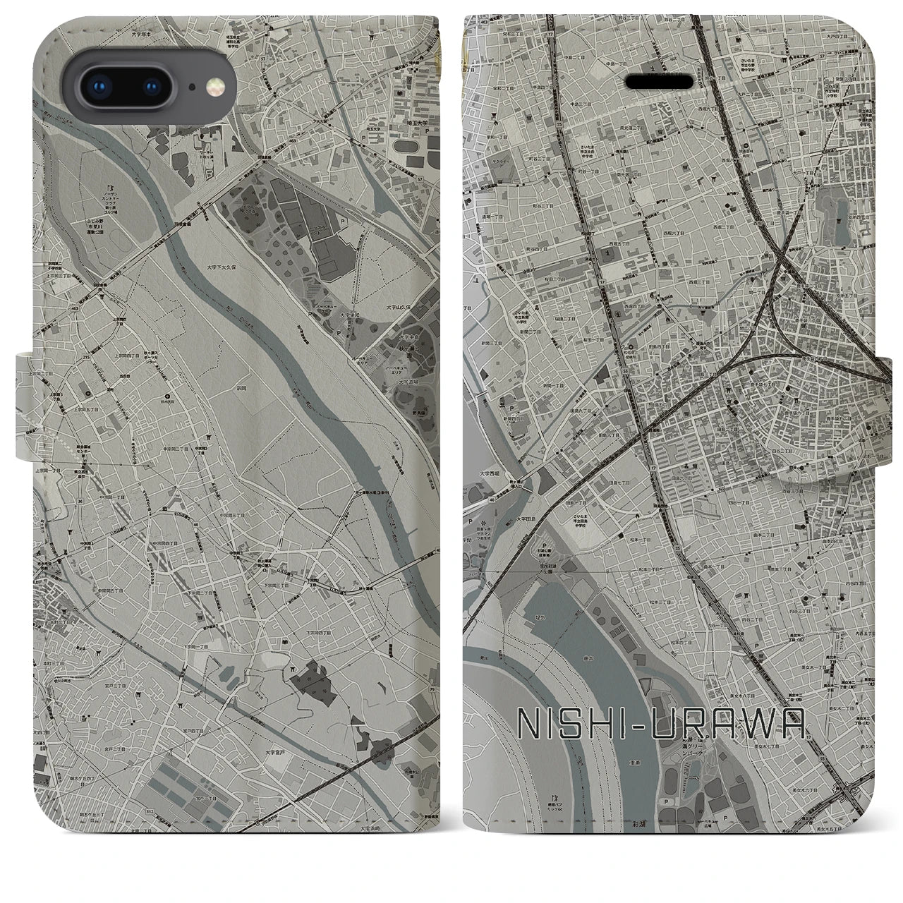 【西浦和(埼玉県)】地図柄iPhoneケース(手帳タイプ)モノトーン・iPhone 8Plus /7Plus / 6sPlus / 6Plus 用