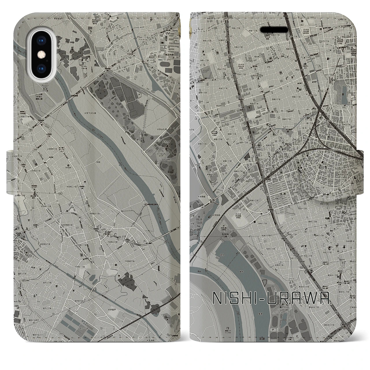【西浦和(埼玉県)】地図柄iPhoneケース(手帳タイプ)モノトーン・iPhone XS Max 用