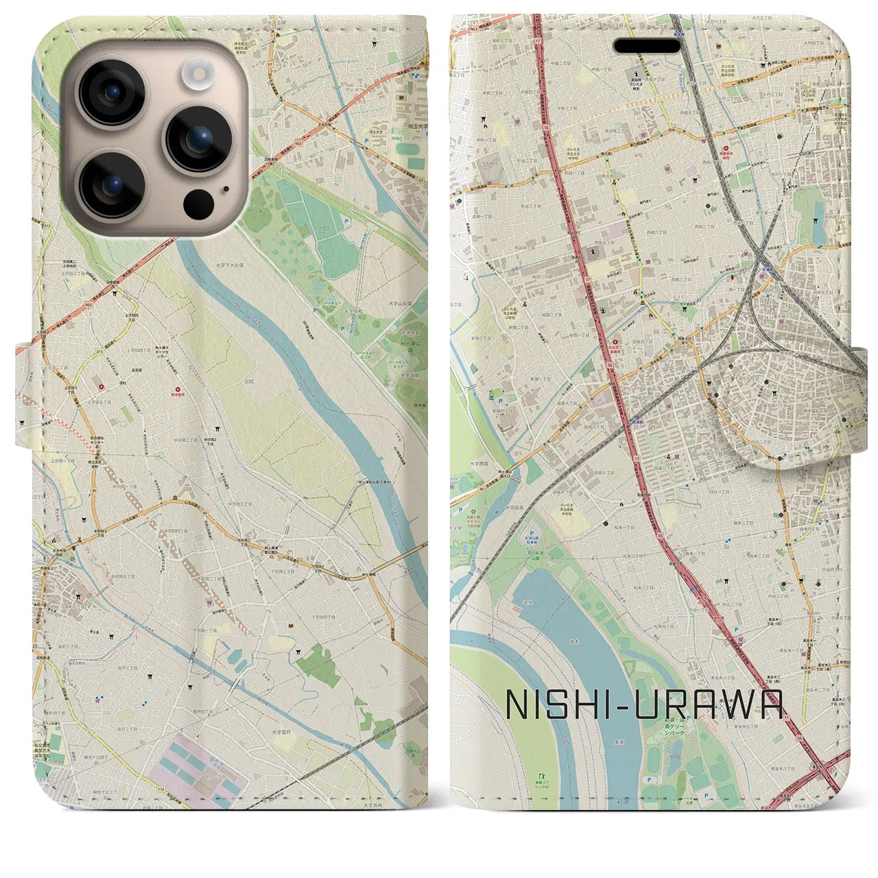 【西浦和(埼玉県)】地図柄iPhoneケース(手帳タイプ)ナチュラル・iPhone 16 Plus 用