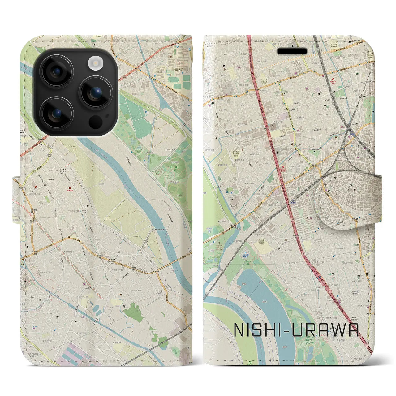【西浦和(埼玉県)】地図柄iPhoneケース(手帳タイプ)ナチュラル・iPhone 16 用