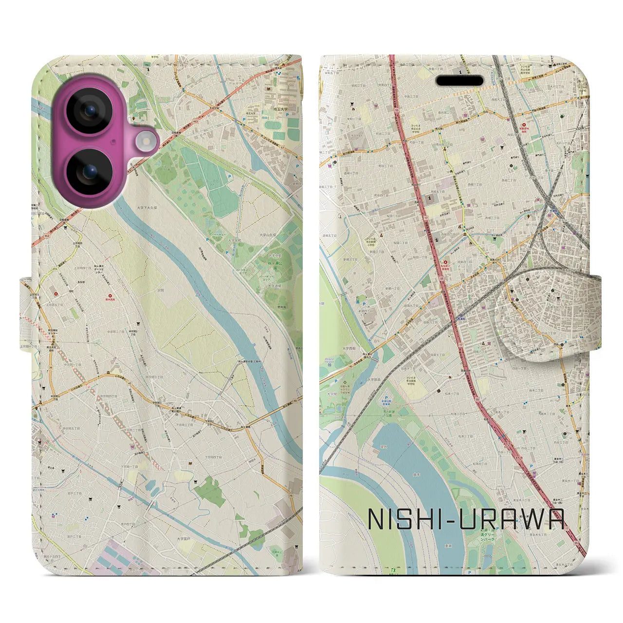 【西浦和(埼玉県)】地図柄iPhoneケース(手帳タイプ)ナチュラル・iPhone 16 Pro 用