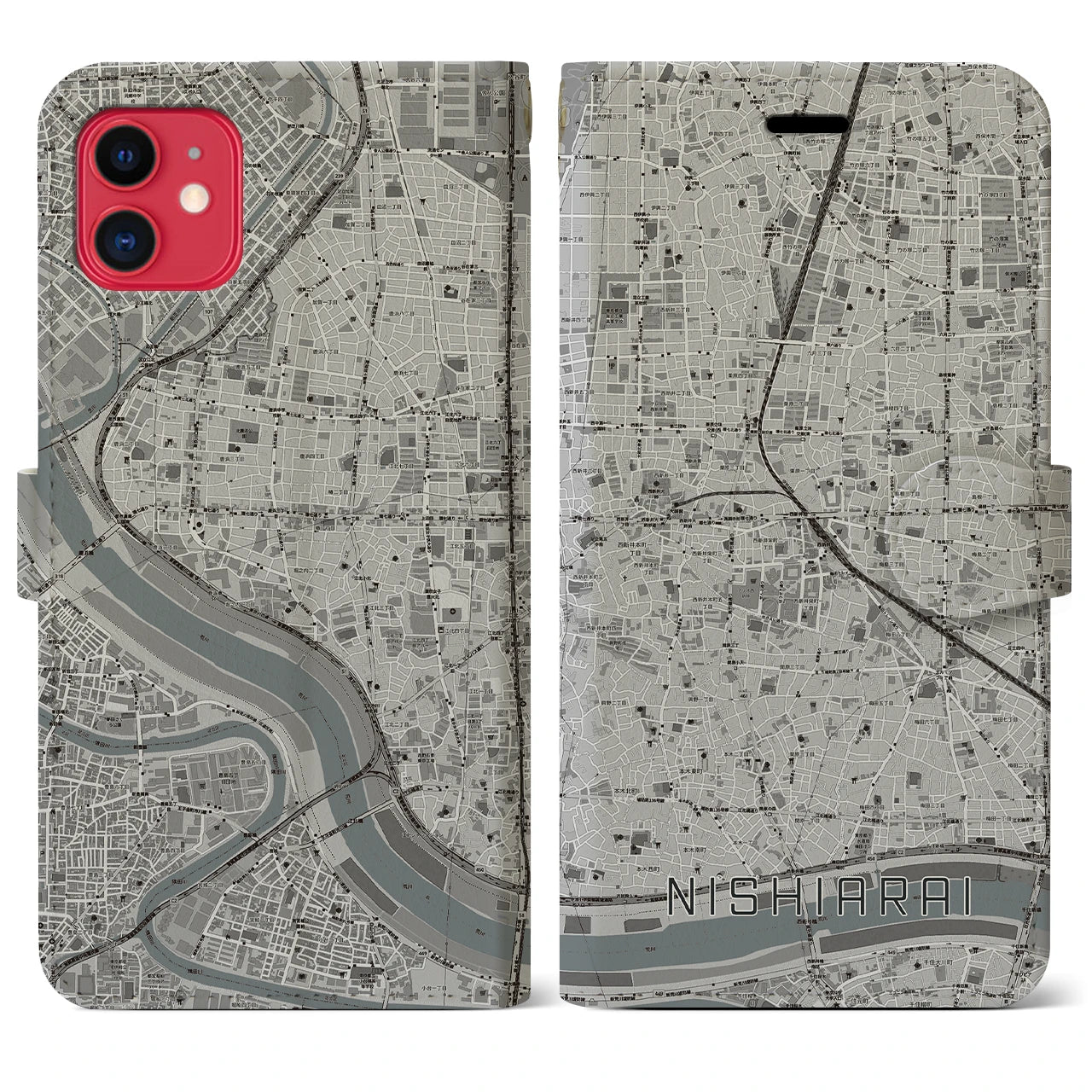 【西新井(東京都)】地図柄iPhoneケース(手帳タイプ)モノトーン・iPhone 11 用