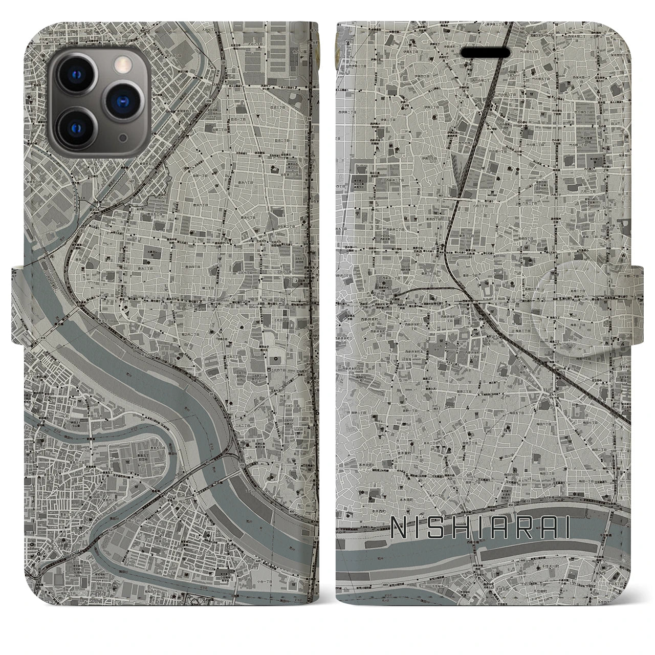 【西新井(東京都)】地図柄iPhoneケース(手帳タイプ)モノトーン・iPhone 11 Pro Max 用