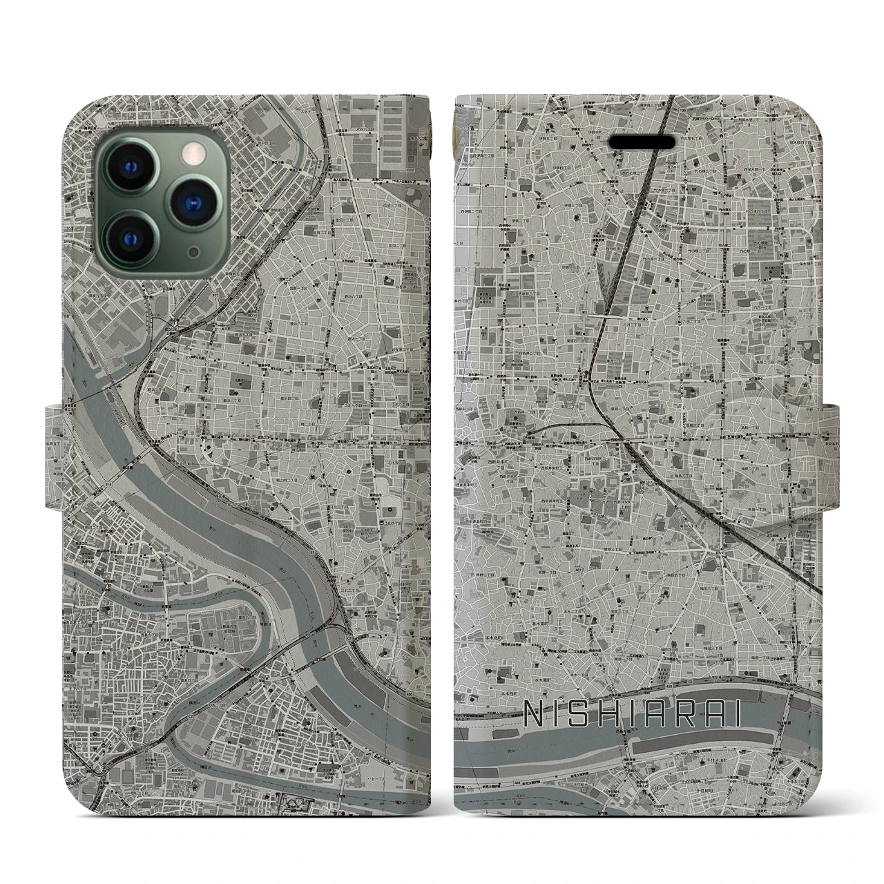 【西新井(東京都)】地図柄iPhoneケース(手帳タイプ)モノトーン・iPhone 11 Pro 用