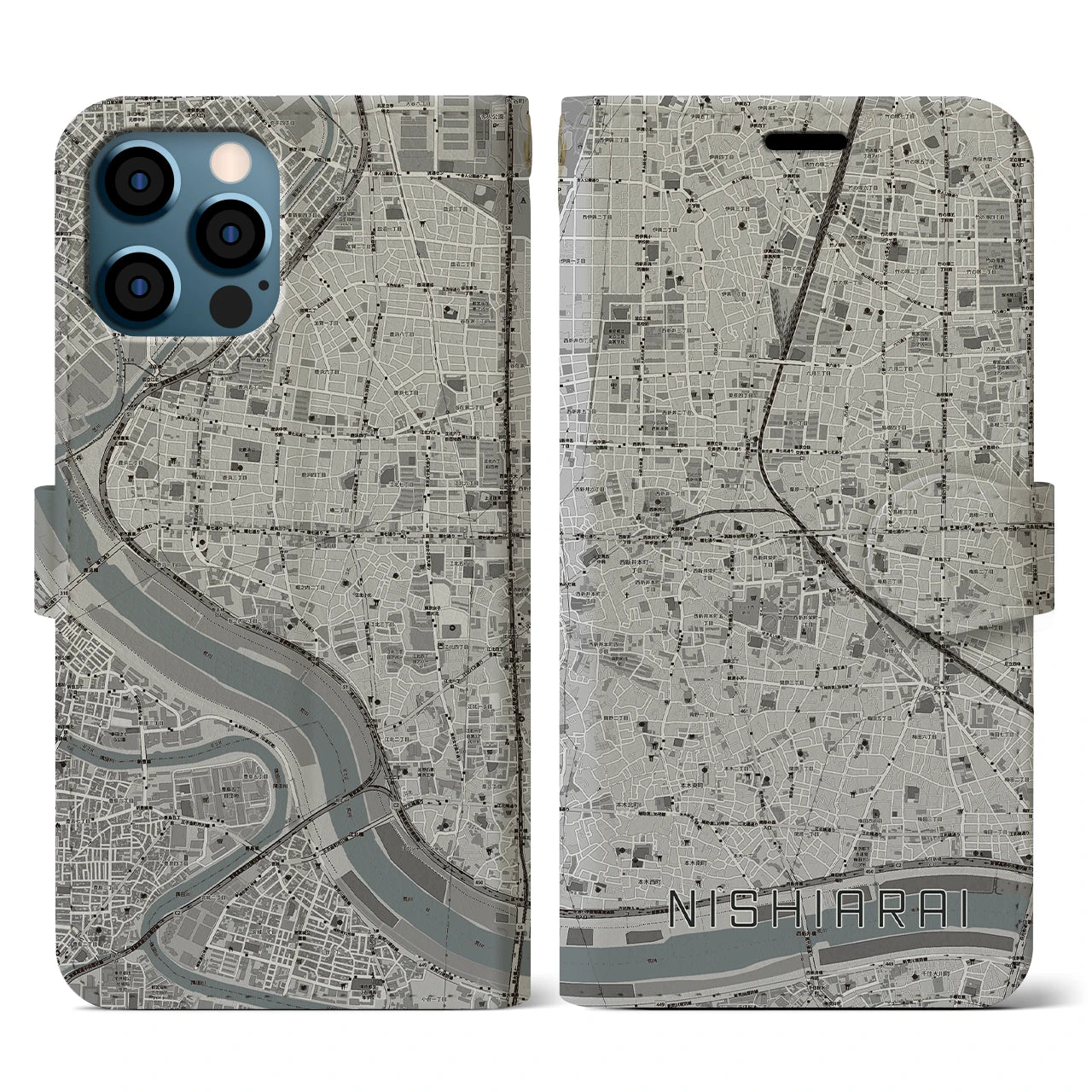 【西新井(東京都)】地図柄iPhoneケース(手帳タイプ)モノトーン・iPhone 12 / 12 Pro 用