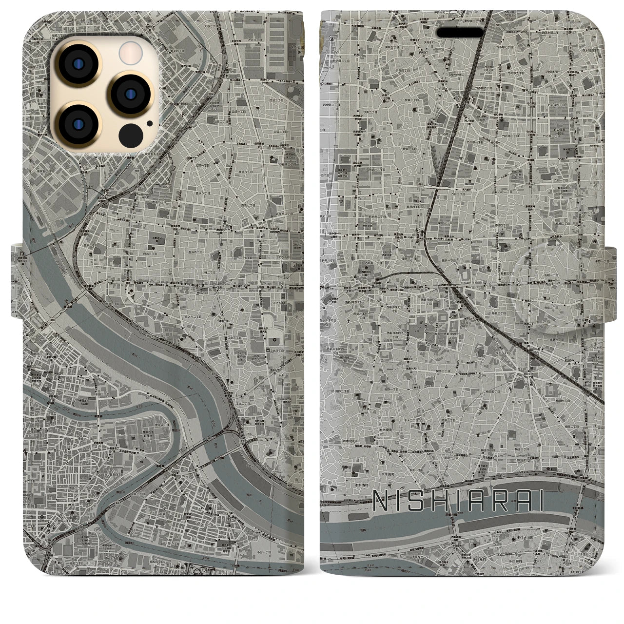 【西新井(東京都)】地図柄iPhoneケース(手帳タイプ)モノトーン・iPhone 12 Pro Max 用