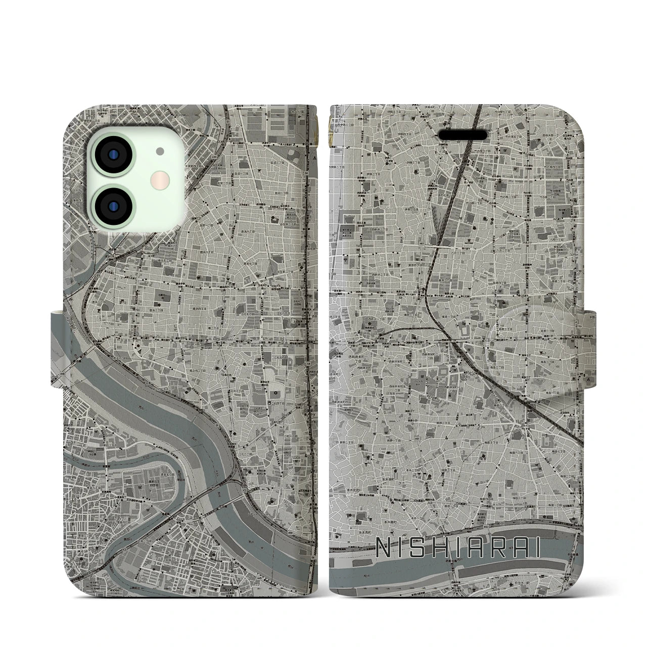 【西新井(東京都)】地図柄iPhoneケース(手帳タイプ)モノトーン・iPhone 12 mini 用