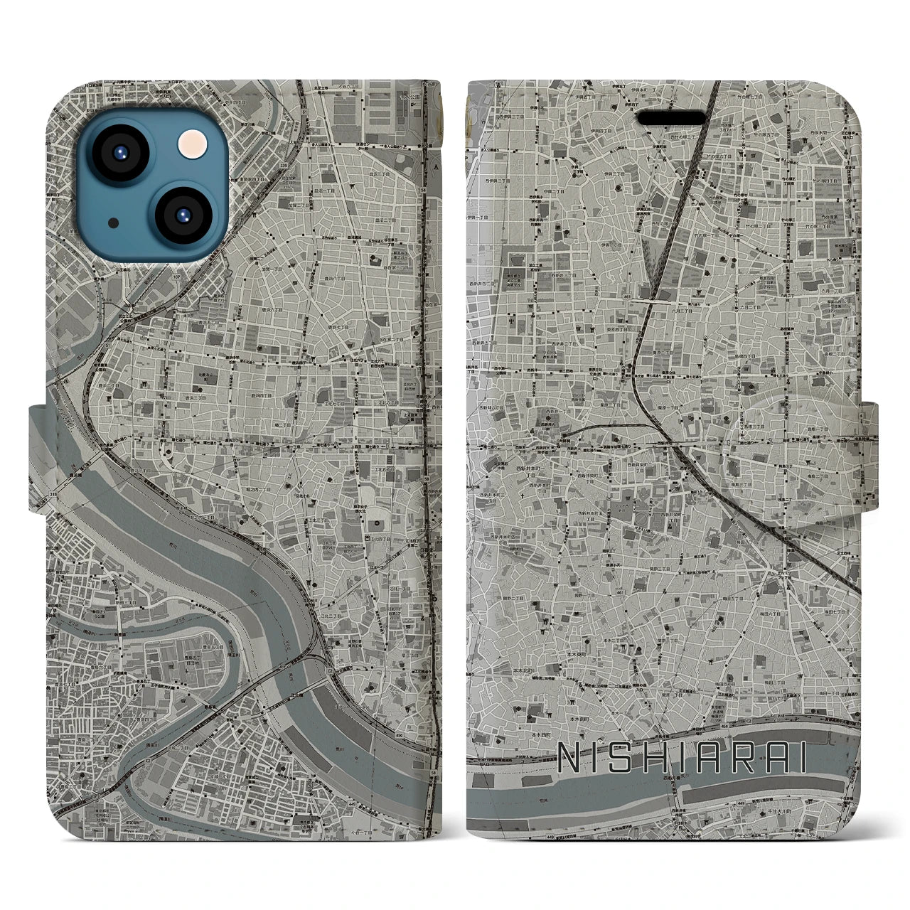 【西新井(東京都)】地図柄iPhoneケース(手帳タイプ)モノトーン・iPhone 13 用