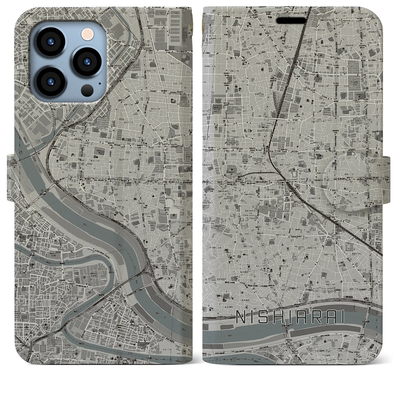 【西新井(東京都)】地図柄iPhoneケース(手帳タイプ)モノトーン・iPhone 13 Pro Max 用
