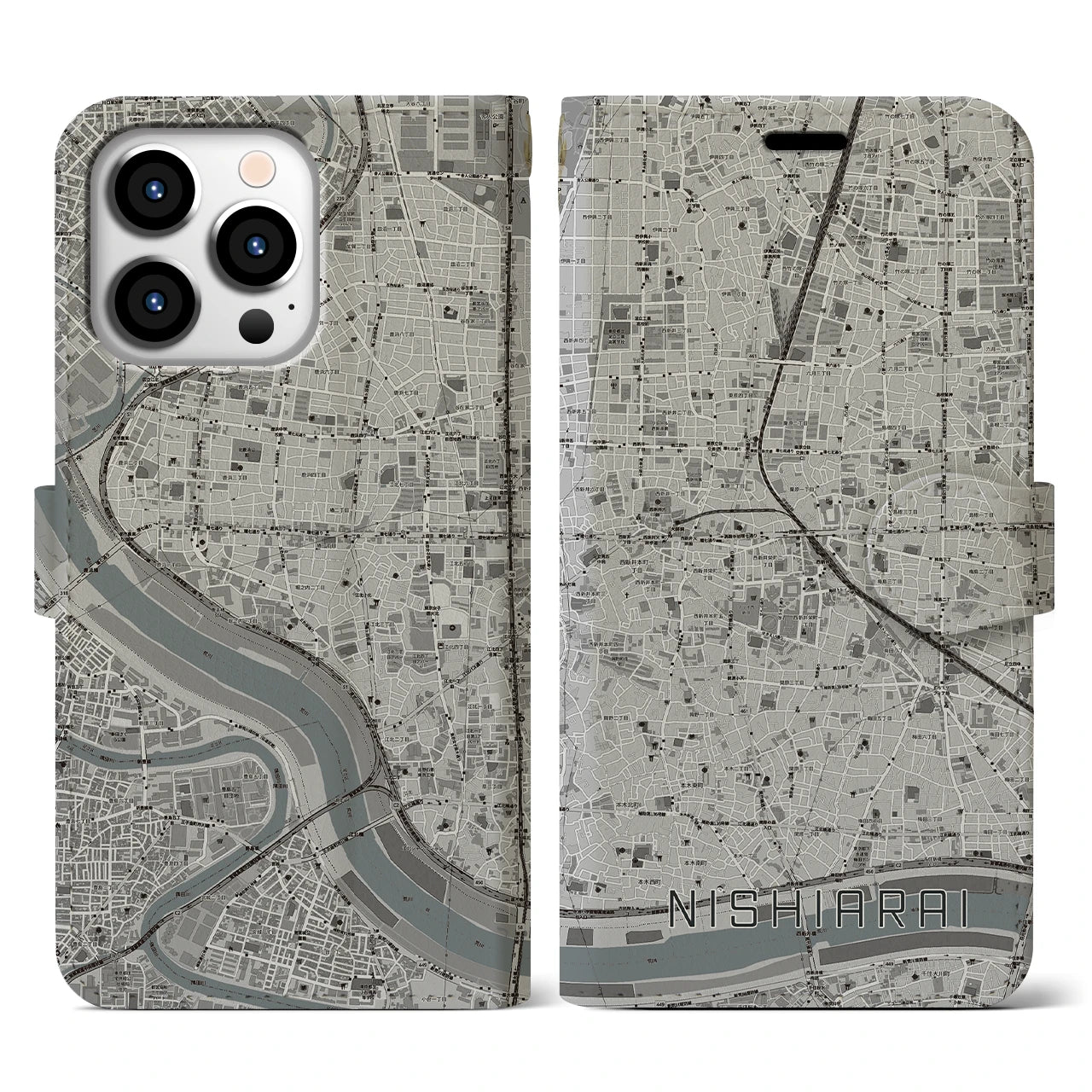 【西新井(東京都)】地図柄iPhoneケース(手帳タイプ)モノトーン・iPhone 13 Pro 用