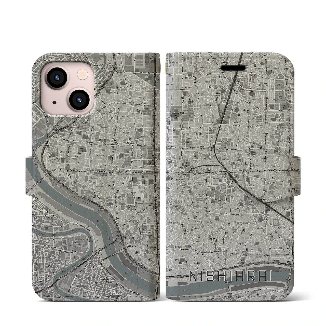 【西新井(東京都)】地図柄iPhoneケース(手帳タイプ)モノトーン・iPhone 13 mini 用