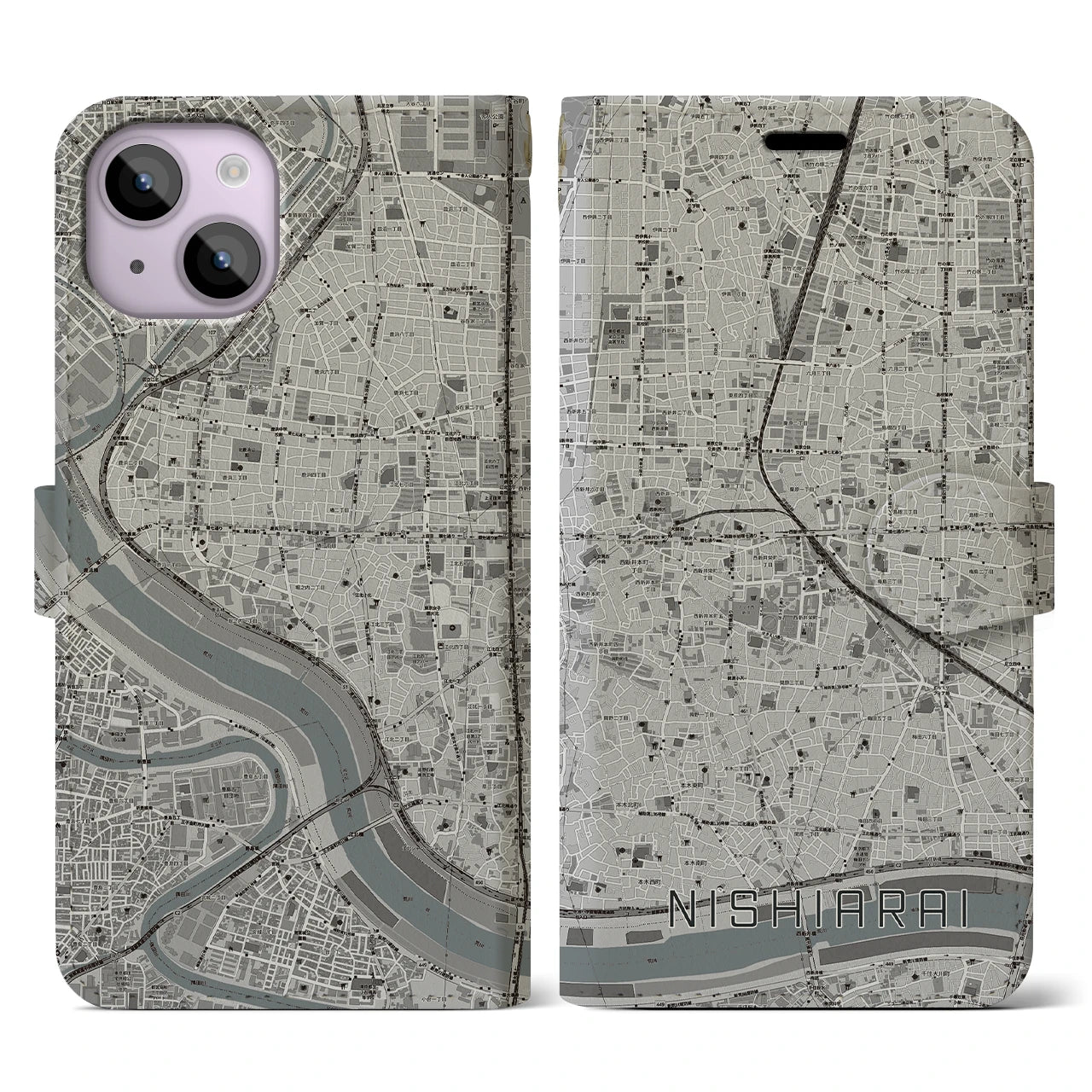 【西新井(東京都)】地図柄iPhoneケース(手帳タイプ)モノトーン・iPhone 14 用