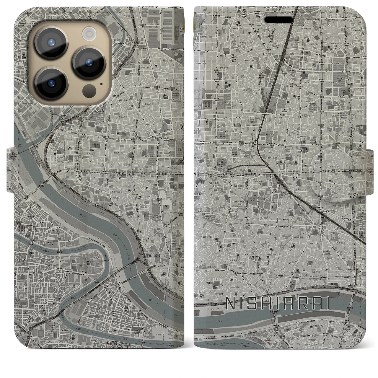 【西新井(東京都)】地図柄iPhoneケース(手帳タイプ)モノトーン・iPhone 14 Pro Max 用