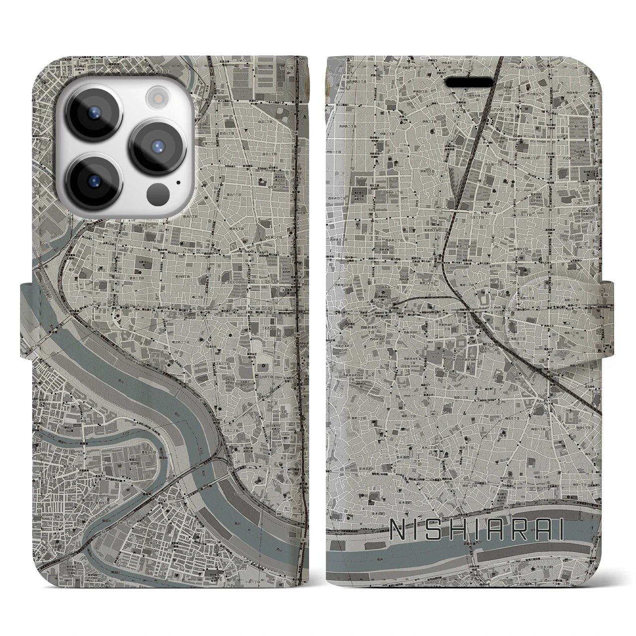 【西新井(東京都)】地図柄iPhoneケース(手帳タイプ)モノトーン・iPhone 14 Pro 用