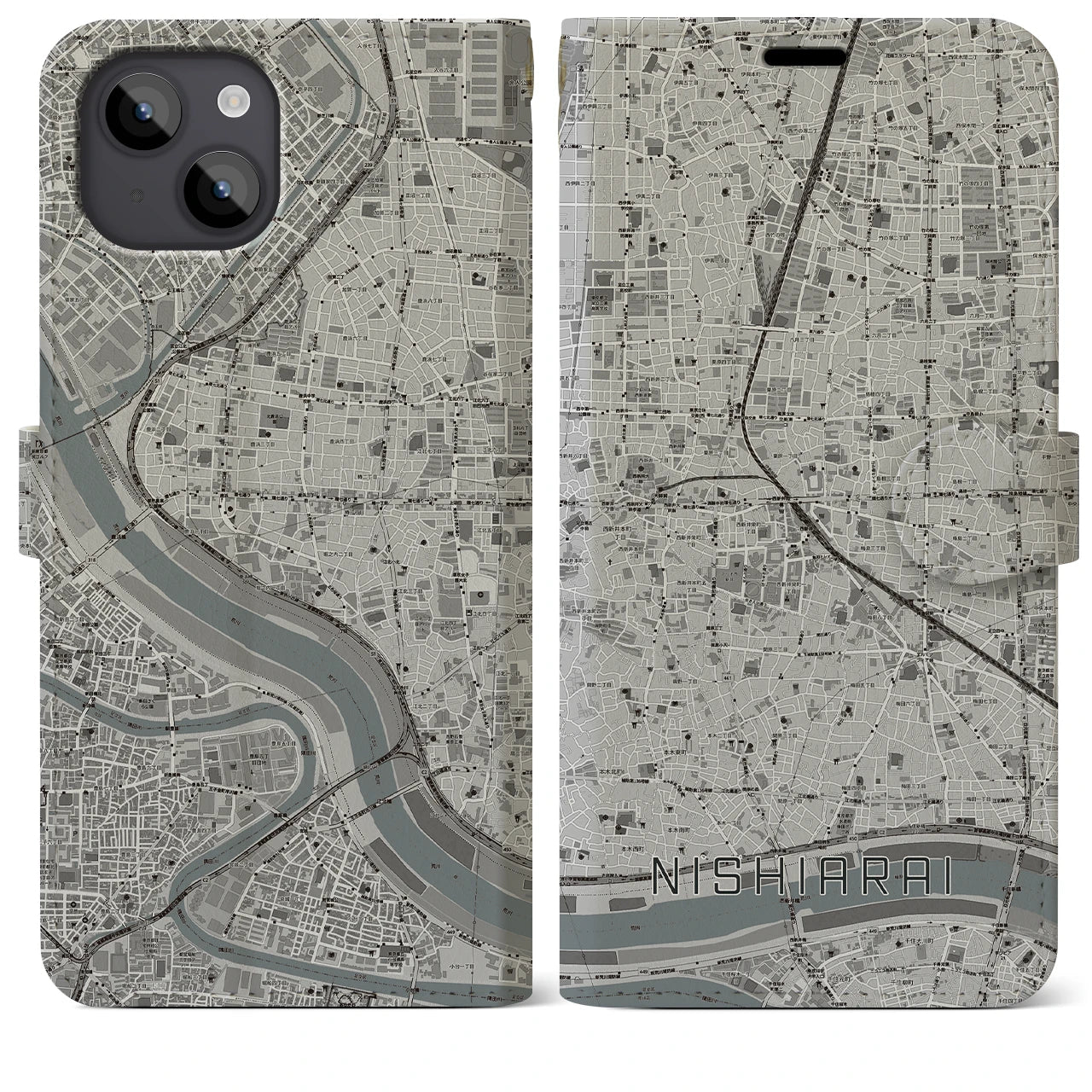 【西新井(東京都)】地図柄iPhoneケース(手帳タイプ)モノトーン・iPhone 14 Plus 用