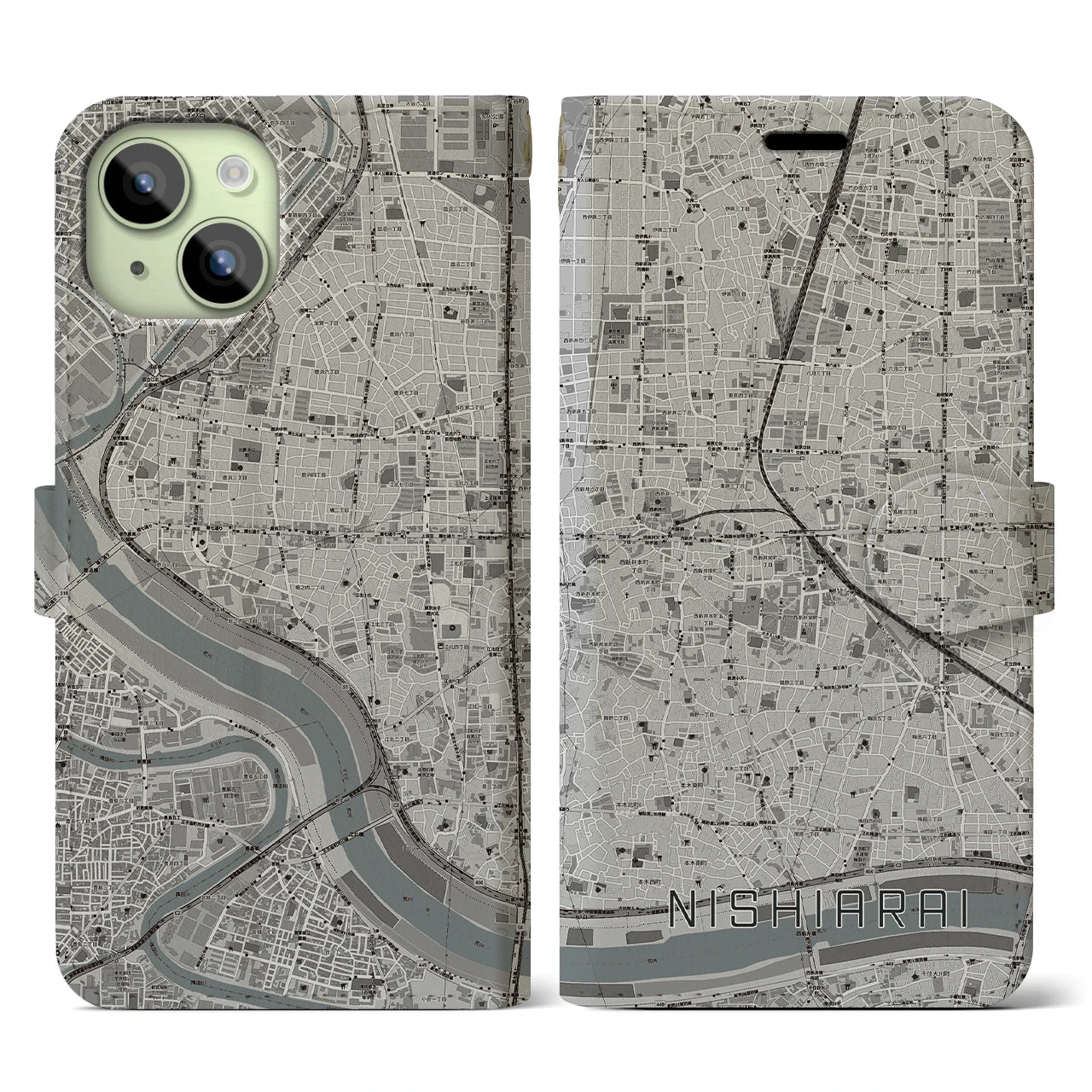 【西新井(東京都)】地図柄iPhoneケース(手帳タイプ)モノトーン・iPhone 15 用