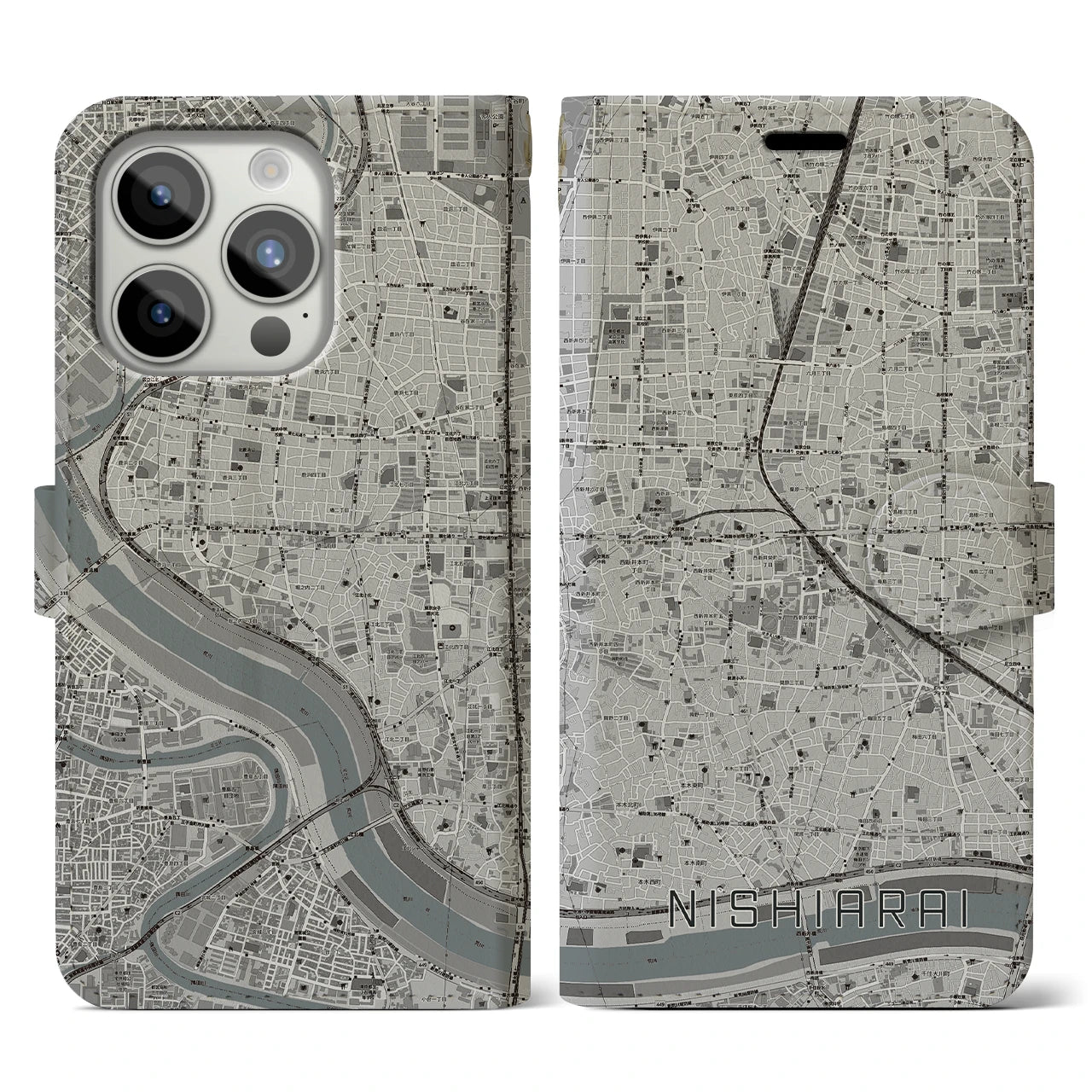 【西新井(東京都)】地図柄iPhoneケース(手帳タイプ)モノトーン・iPhone 15 Pro 用