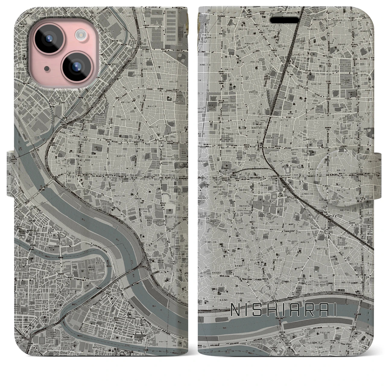 【西新井(東京都)】地図柄iPhoneケース(手帳タイプ)モノトーン・iPhone 15 Plus 用