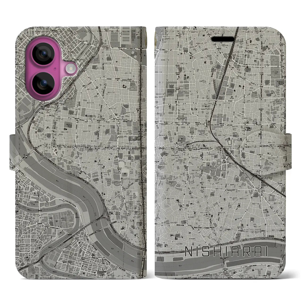 【西新井(東京都)】地図柄iPhoneケース(手帳タイプ)モノトーン・iPhone 16 Pro 用