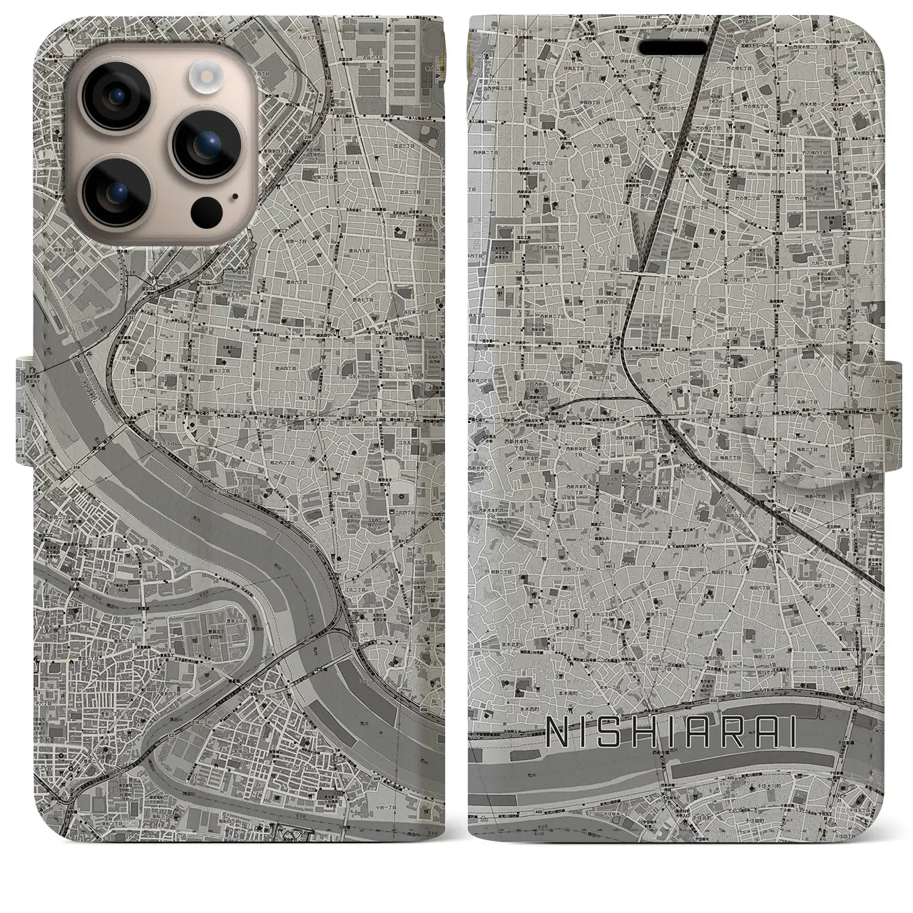 【西新井(東京都)】地図柄iPhoneケース(手帳タイプ)モノトーン・iPhone 16 Plus 用