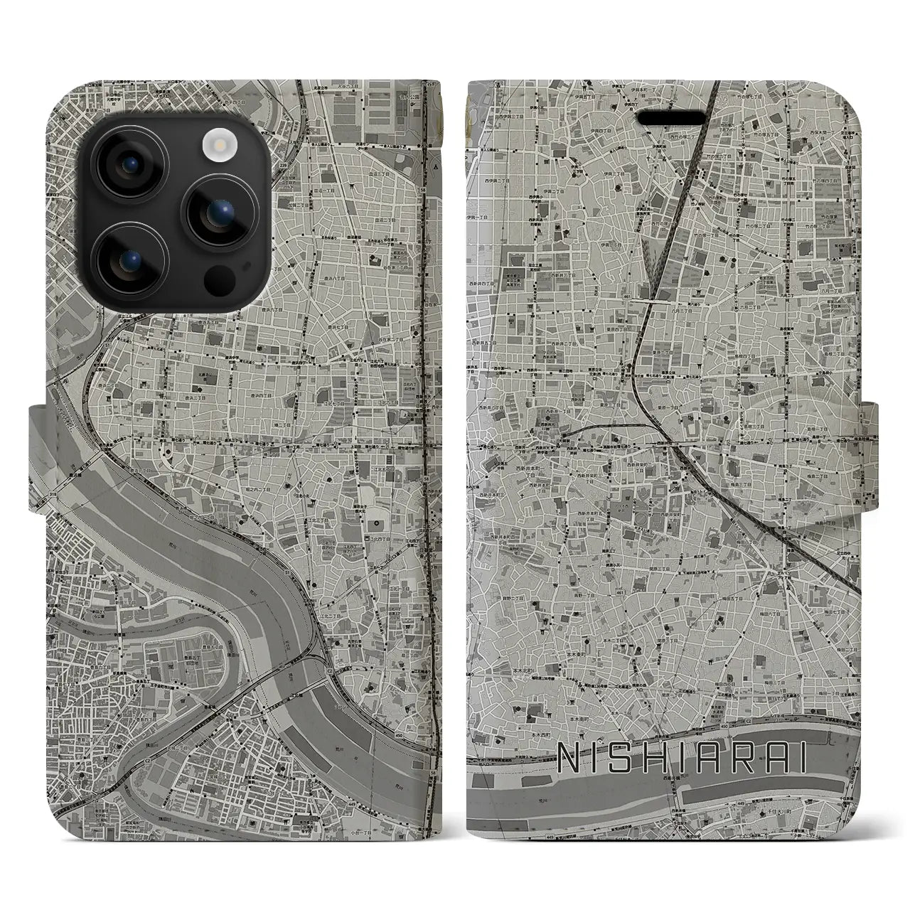 【西新井(東京都)】地図柄iPhoneケース(手帳タイプ)モノトーン・iPhone 16 用