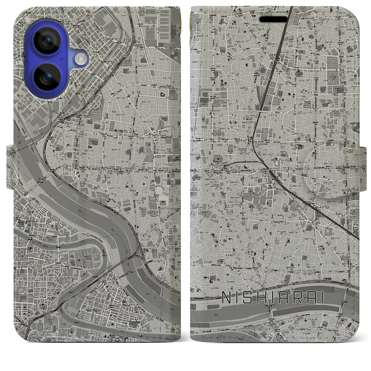 【西新井(東京都)】地図柄iPhoneケース(手帳タイプ)モノトーン・iPhone 16 Pro Max 用