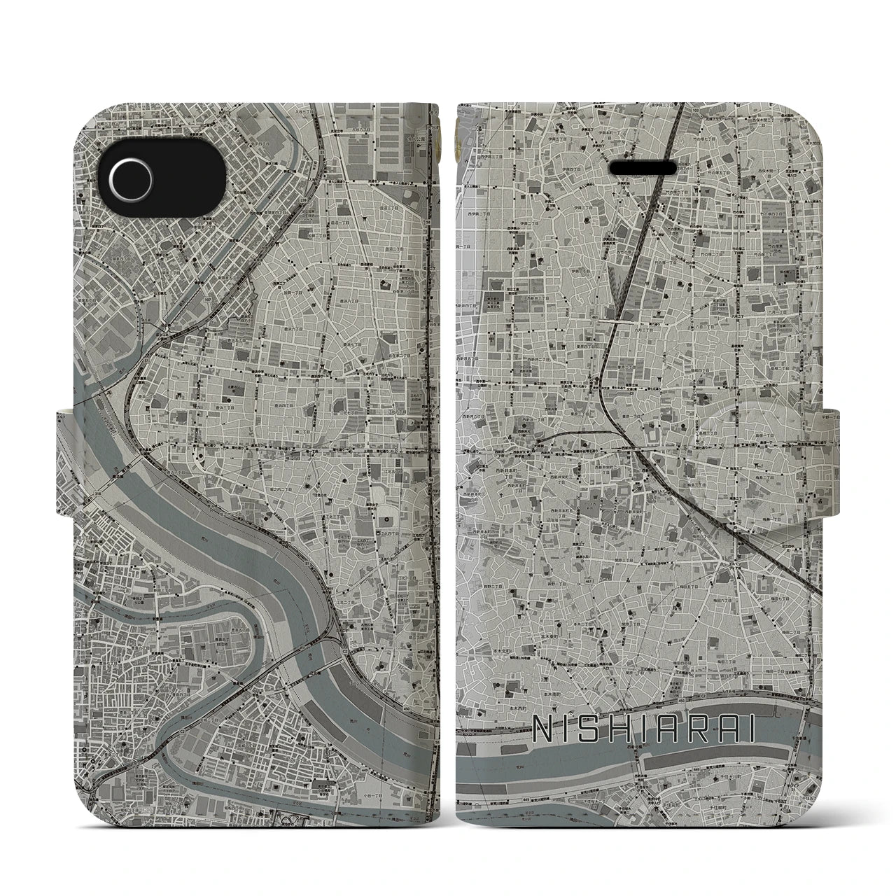 【西新井(東京都)】地図柄iPhoneケース(手帳タイプ)モノトーン・iPhone SE(第3 / 第2世代) / 8 / 7 / 6s / 6 用