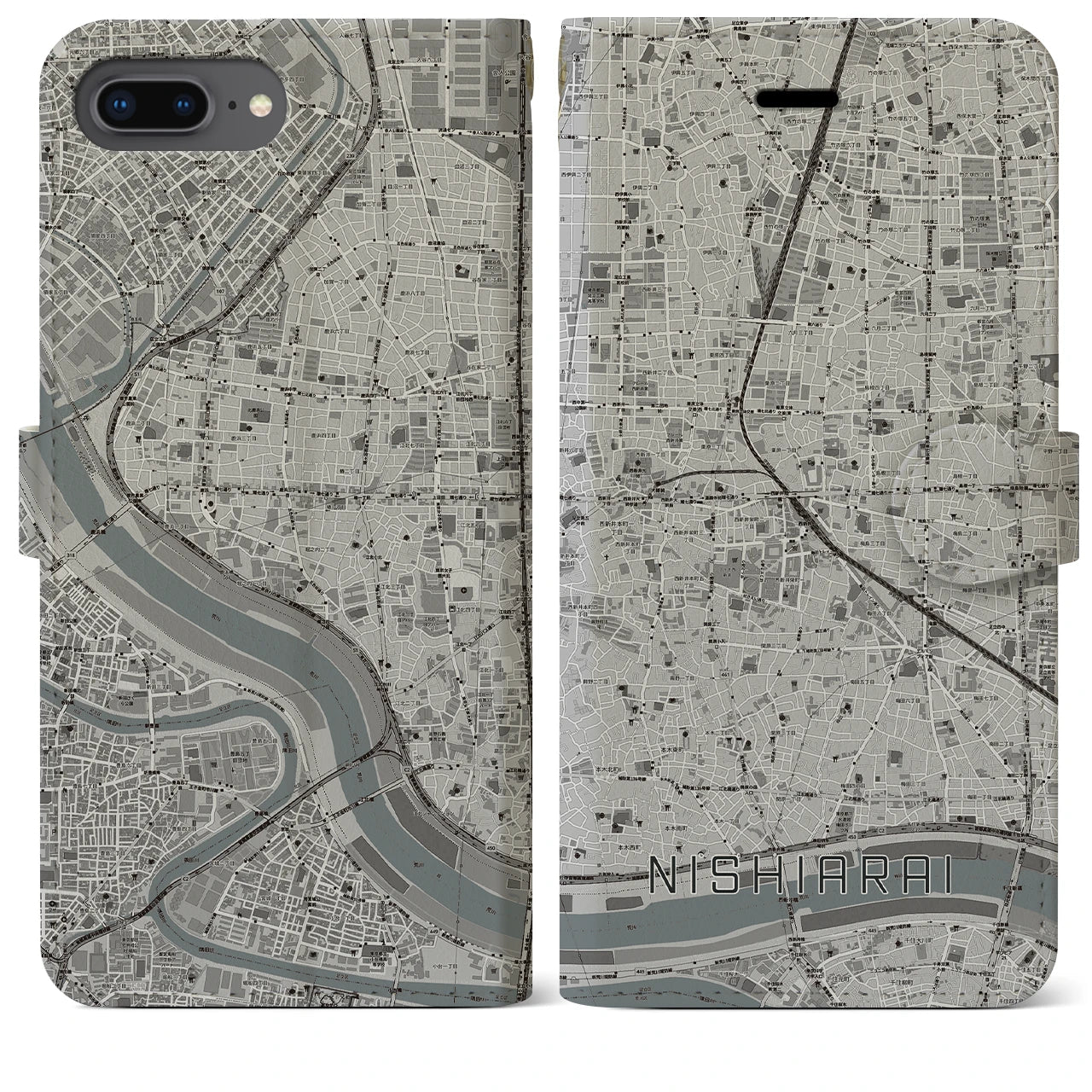 【西新井(東京都)】地図柄iPhoneケース(手帳タイプ)モノトーン・iPhone 8Plus /7Plus / 6sPlus / 6Plus 用