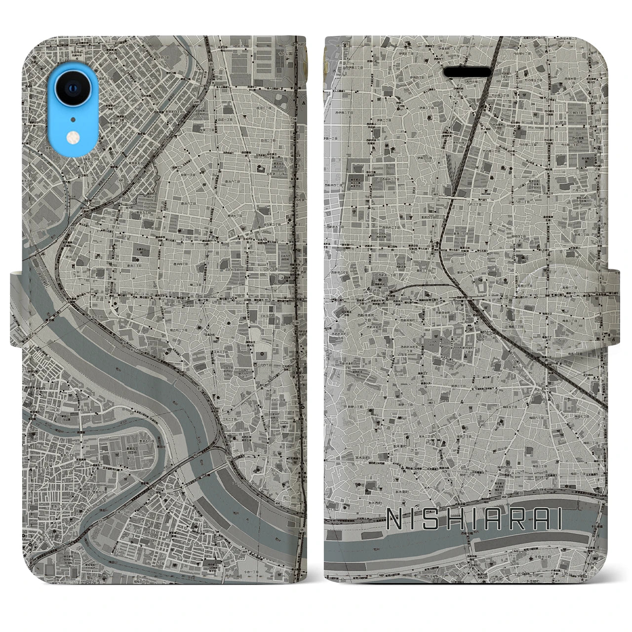【西新井(東京都)】地図柄iPhoneケース(手帳タイプ)モノトーン・iPhone XR 用