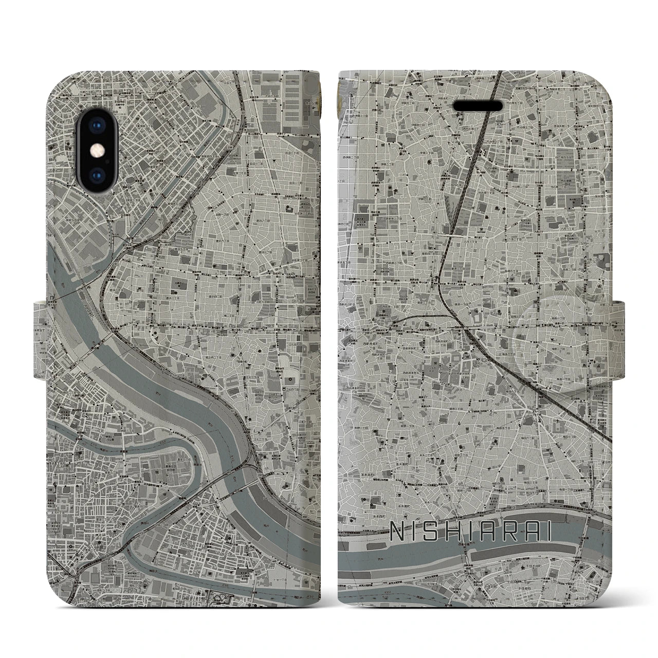 【西新井(東京都)】地図柄iPhoneケース(手帳タイプ)モノトーン・iPhone XS / X 用
