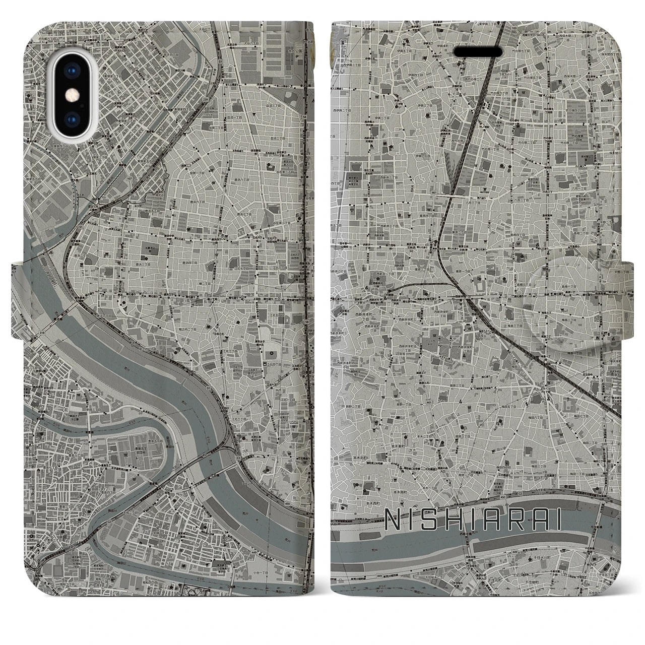【西新井(東京都)】地図柄iPhoneケース(手帳タイプ)モノトーン・iPhone XS Max 用