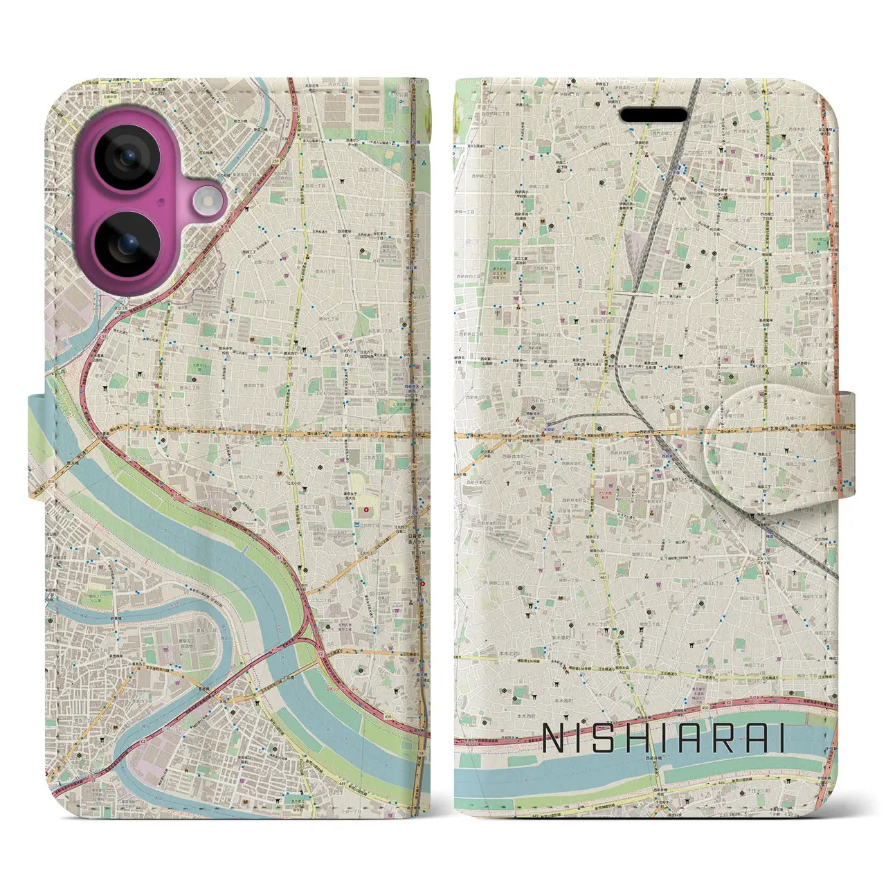 【西新井(東京都)】地図柄iPhoneケース(手帳タイプ)ナチュラル・iPhone 16 Pro 用