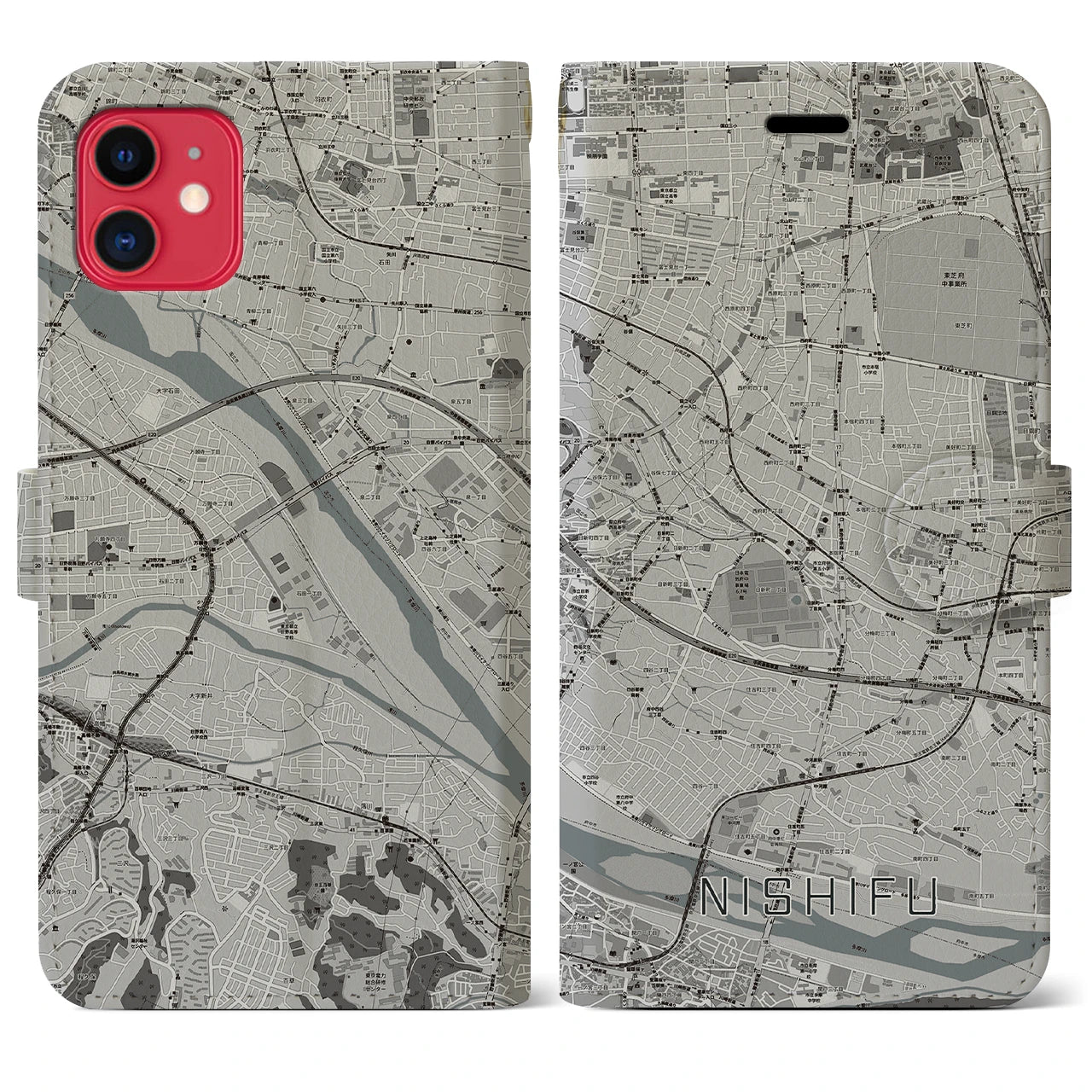 【西府(東京都)】地図柄iPhoneケース(手帳タイプ)モノトーン・iPhone 11 用
