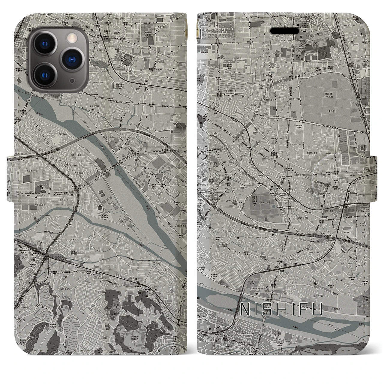 【西府(東京都)】地図柄iPhoneケース(手帳タイプ)モノトーン・iPhone 11 Pro Max 用