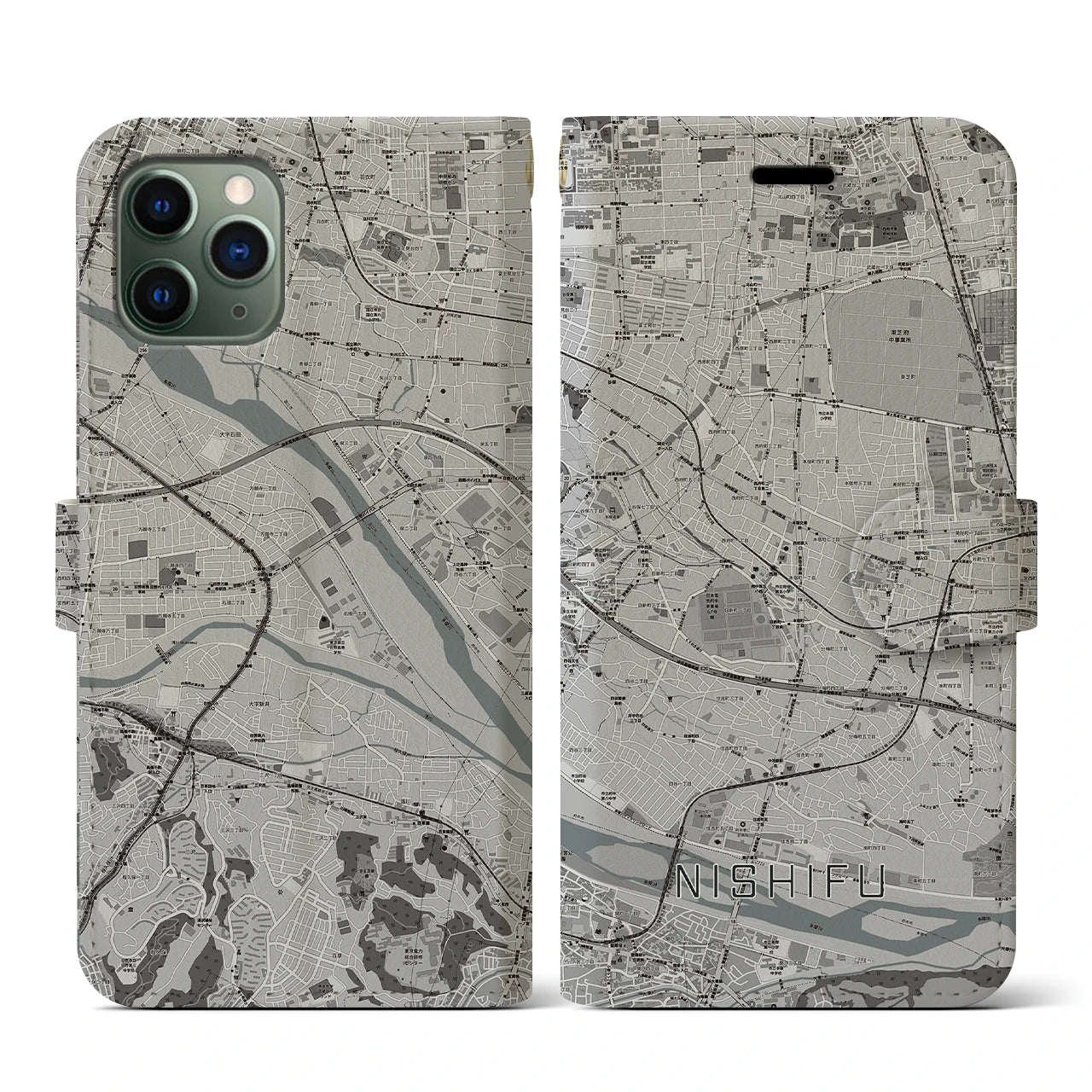 【西府(東京都)】地図柄iPhoneケース(手帳タイプ)モノトーン・iPhone 11 Pro 用