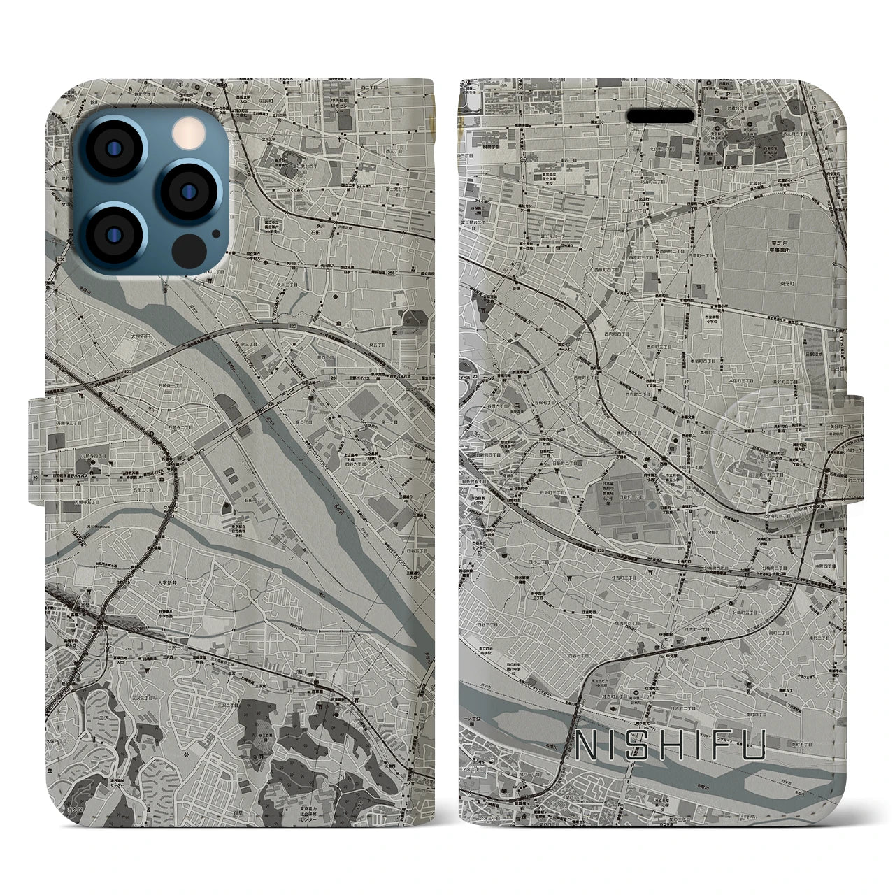 【西府(東京都)】地図柄iPhoneケース(手帳タイプ)モノトーン・iPhone 12 / 12 Pro 用