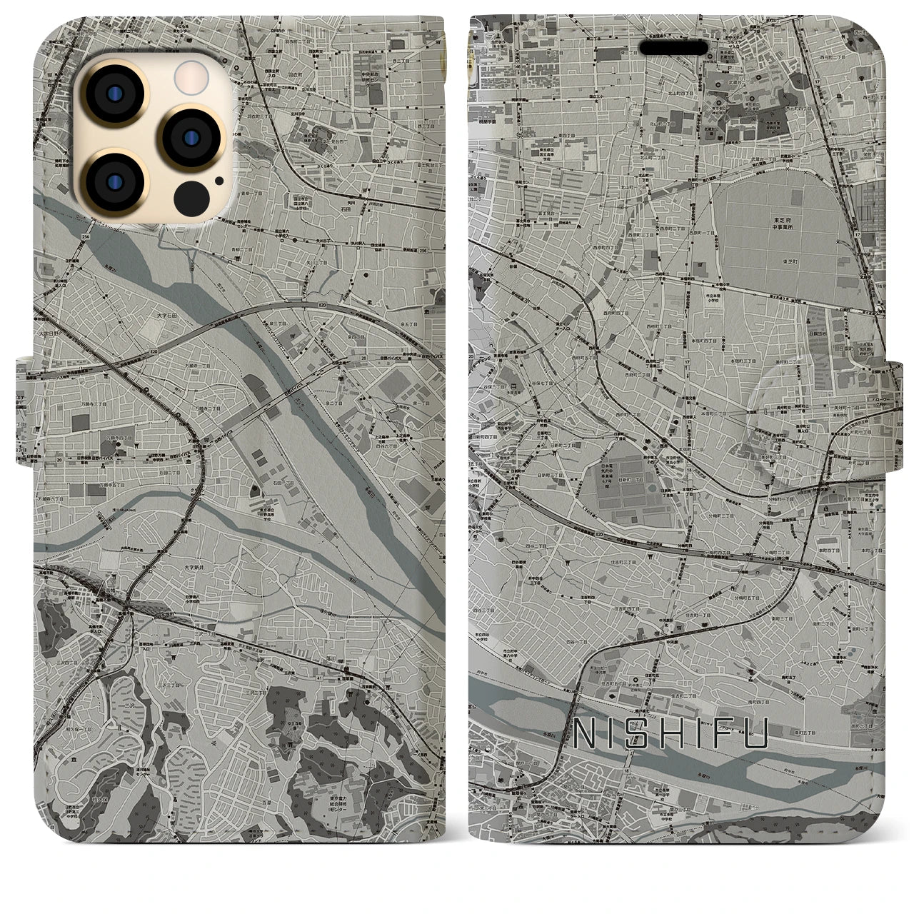 【西府(東京都)】地図柄iPhoneケース(手帳タイプ)モノトーン・iPhone 12 Pro Max 用