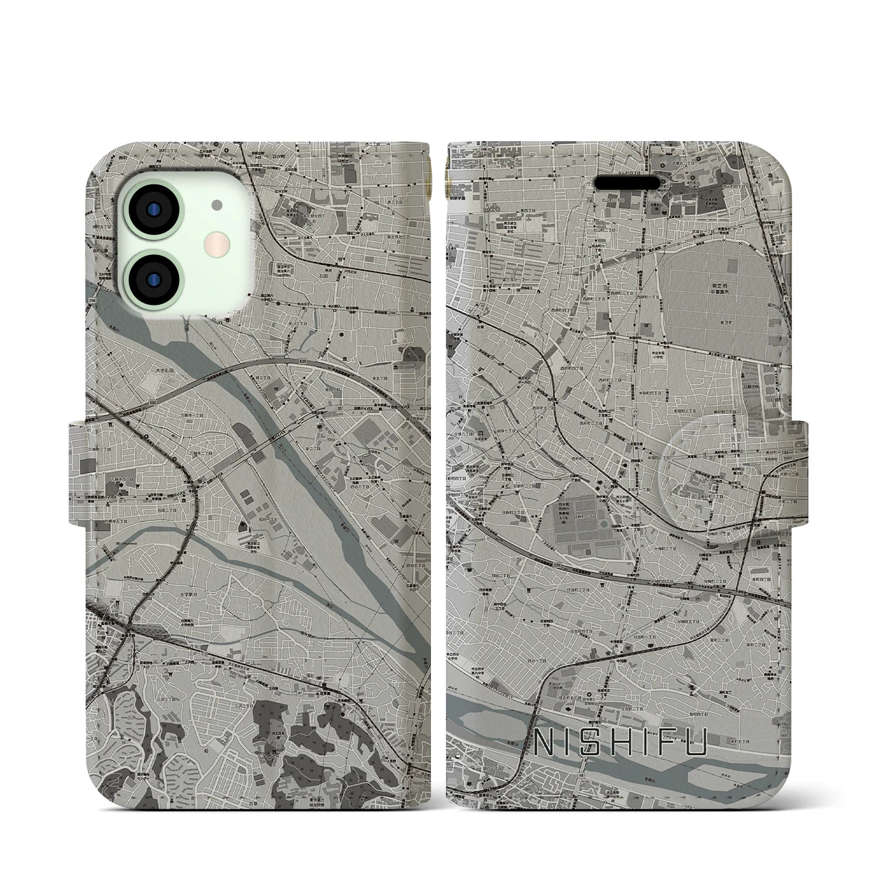 【西府(東京都)】地図柄iPhoneケース(手帳タイプ)モノトーン・iPhone 12 mini 用