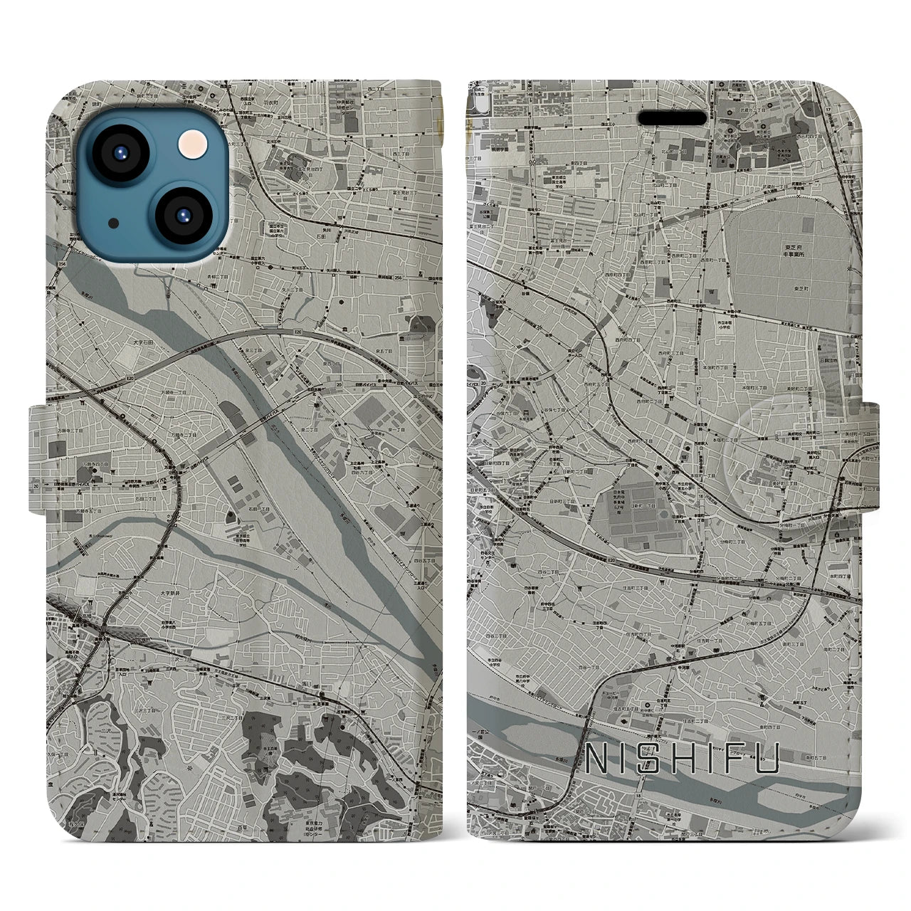 【西府(東京都)】地図柄iPhoneケース(手帳タイプ)モノトーン・iPhone 13 用