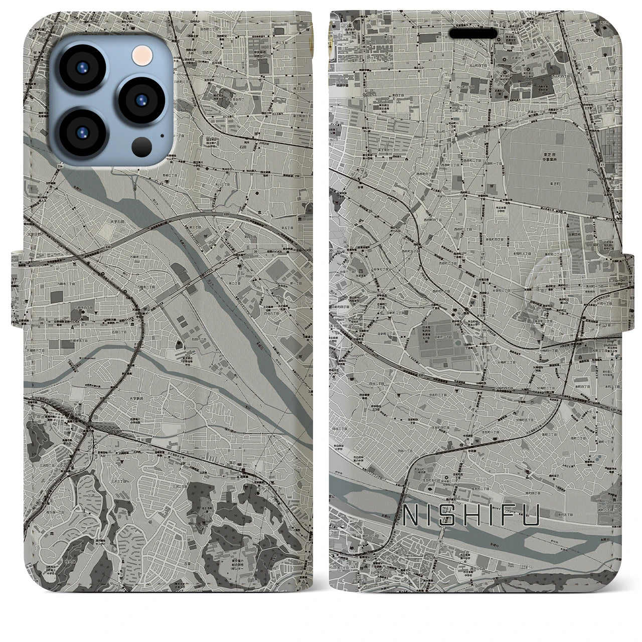【西府(東京都)】地図柄iPhoneケース(手帳タイプ)モノトーン・iPhone 13 Pro Max 用