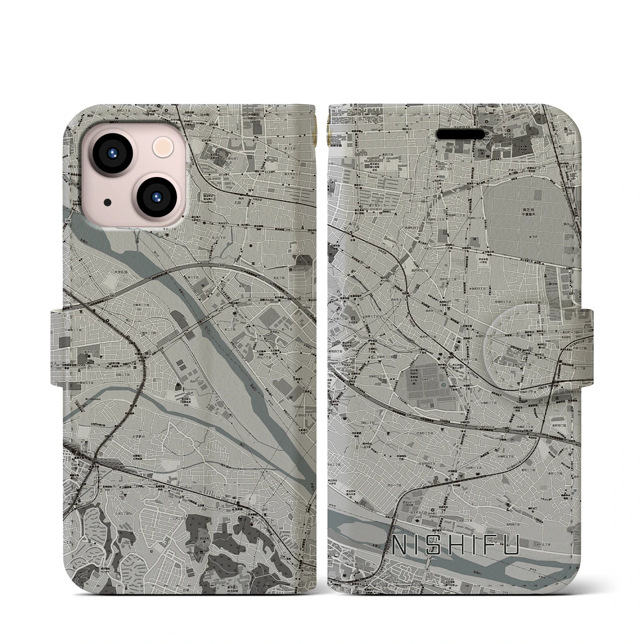 【西府(東京都)】地図柄iPhoneケース(手帳タイプ)モノトーン・iPhone 13 mini 用