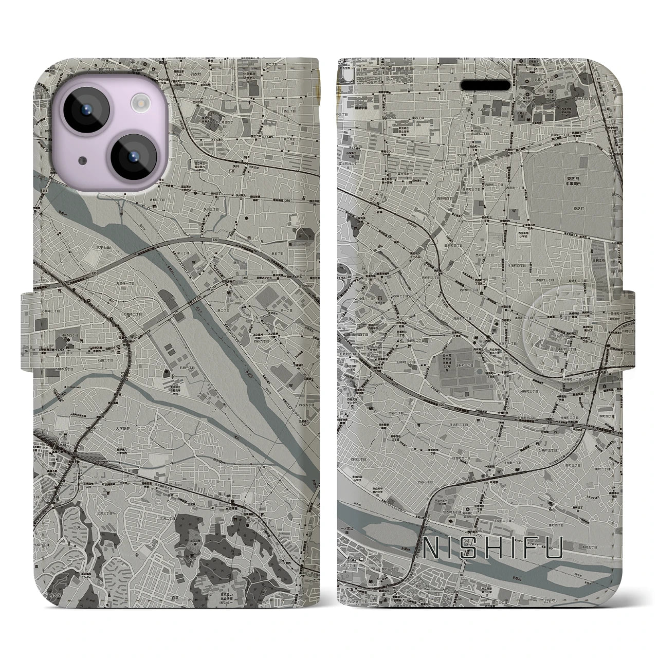 【西府(東京都)】地図柄iPhoneケース(手帳タイプ)モノトーン・iPhone 14 用
