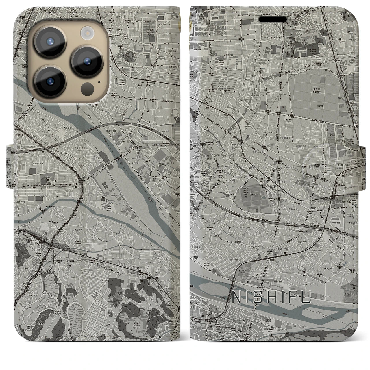 【西府(東京都)】地図柄iPhoneケース(手帳タイプ)モノトーン・iPhone 14 Pro Max 用