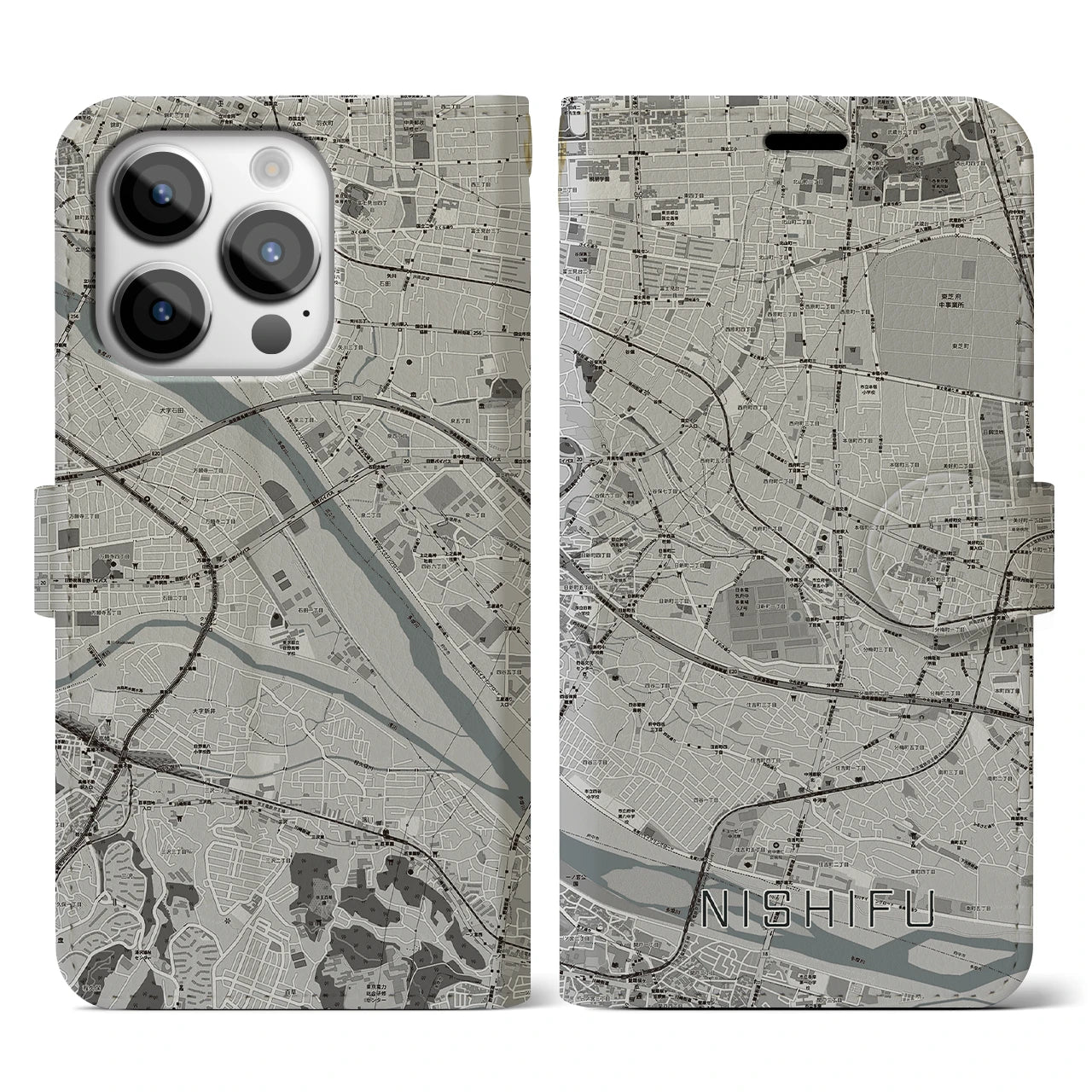 【西府(東京都)】地図柄iPhoneケース(手帳タイプ)モノトーン・iPhone 14 Pro 用