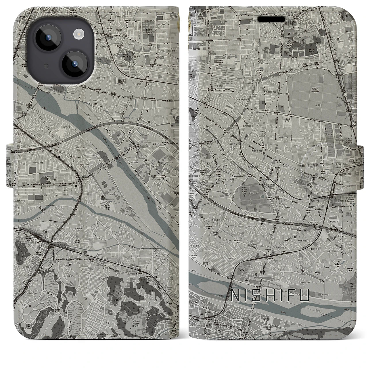 【西府(東京都)】地図柄iPhoneケース(手帳タイプ)モノトーン・iPhone 14 Plus 用