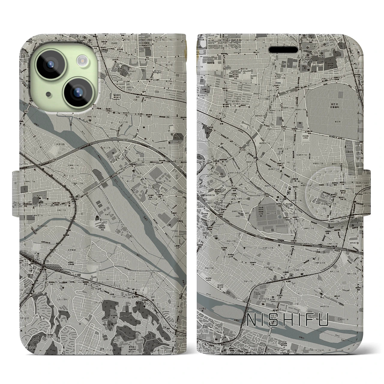 【西府(東京都)】地図柄iPhoneケース(手帳タイプ)モノトーン・iPhone 15 用