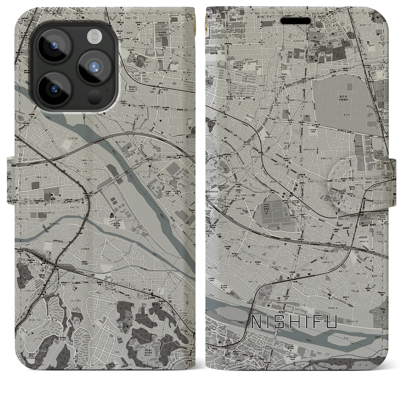 【西府(東京都)】地図柄iPhoneケース(手帳タイプ)モノトーン・iPhone 15 Pro Max 用